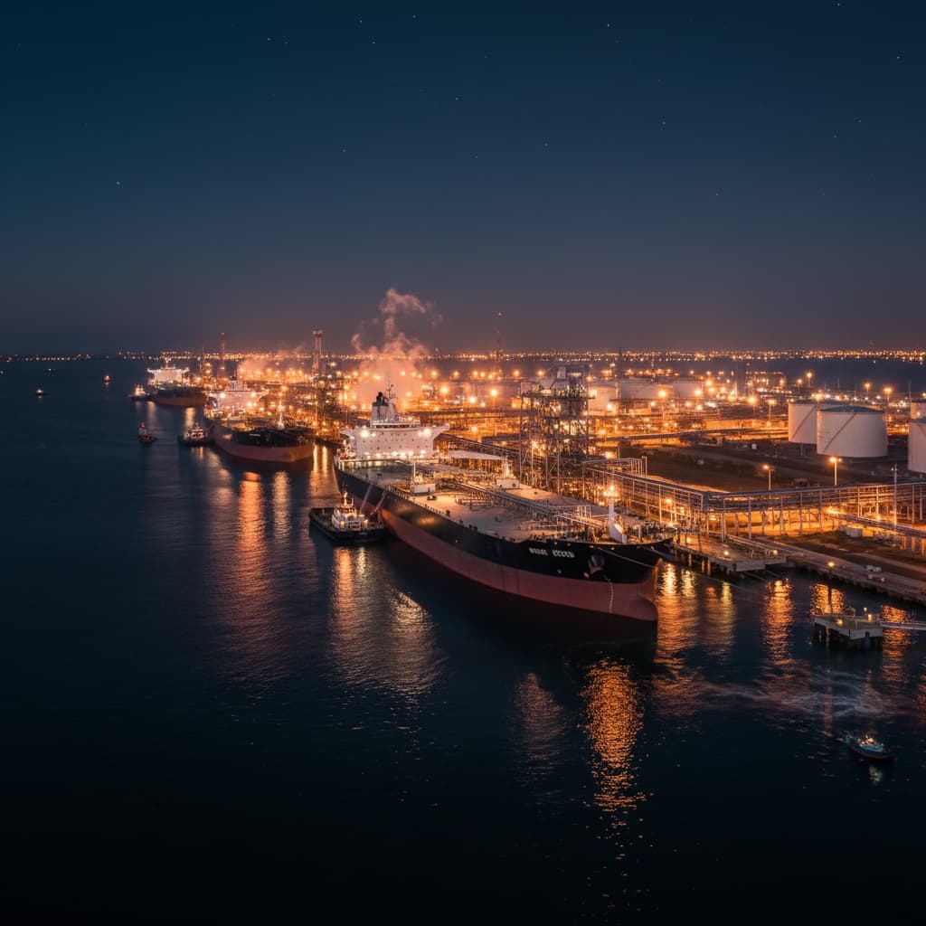 Maritime port terminal with tankers at night